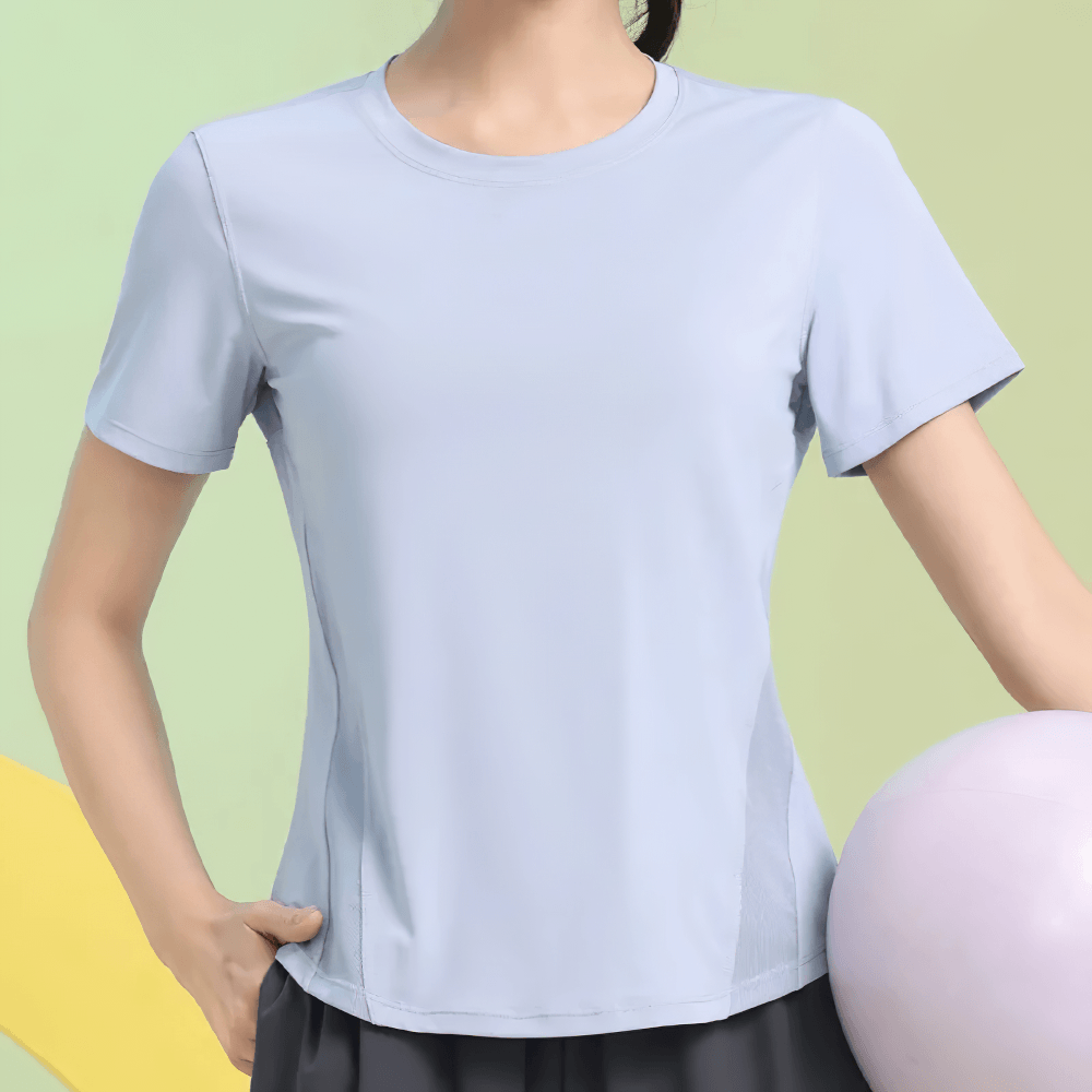 Alt Tag: Short Sleeve Breathable Training T-Shirt for Women's - SF4435 light blue quick-dry loose-fit yoga top with side mesh panels