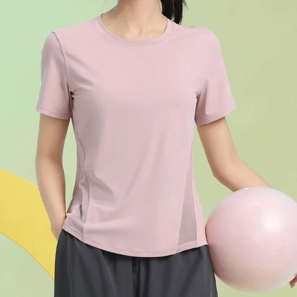 Alt Tag: Short Sleeve Breathable Training T-Shirt for Women's - SF4435 pink quick-dry loose-fit yoga tee with mesh side panels, front view