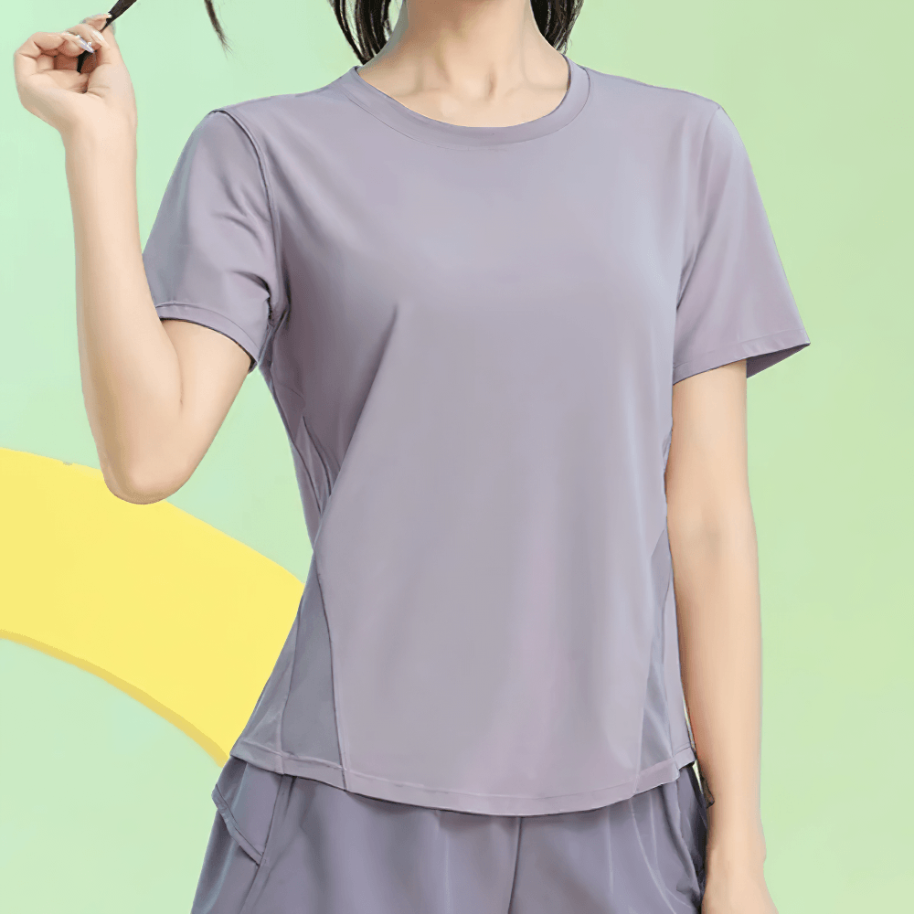 Alt Tag: Short Sleeve Breathable Training T-Shirt for Women's - SF4435 women's loose quick-dry yoga tee with side mesh panels, lightweight fit