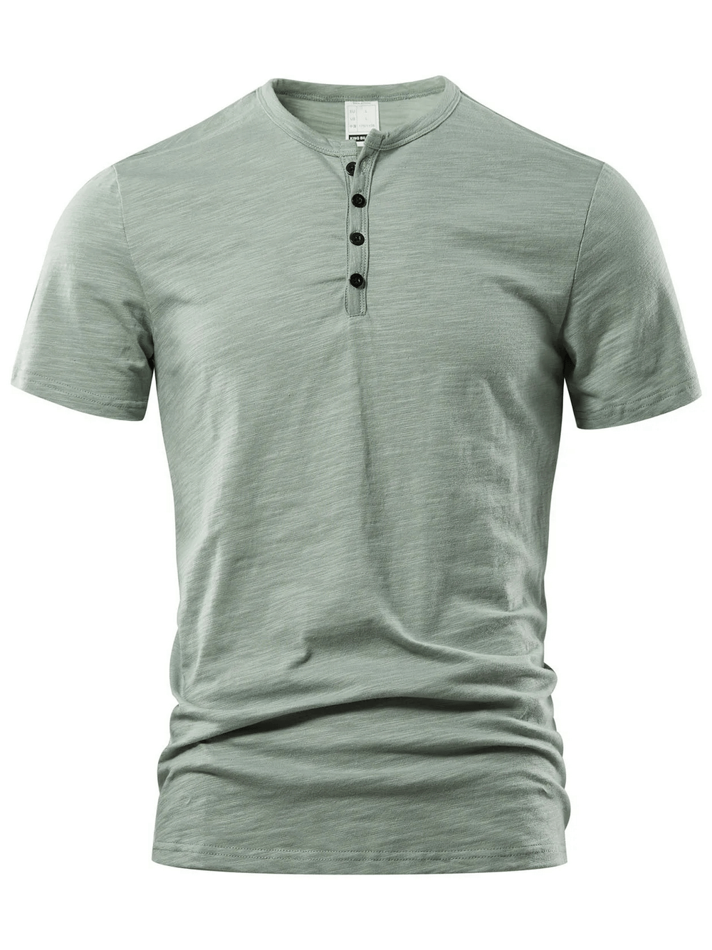 Alt Tag: Short-Sleeve Henley T-Shirt with Button Placket - SF4364 in sage green, slub texture, 4-button neckline, regular fit casual tee