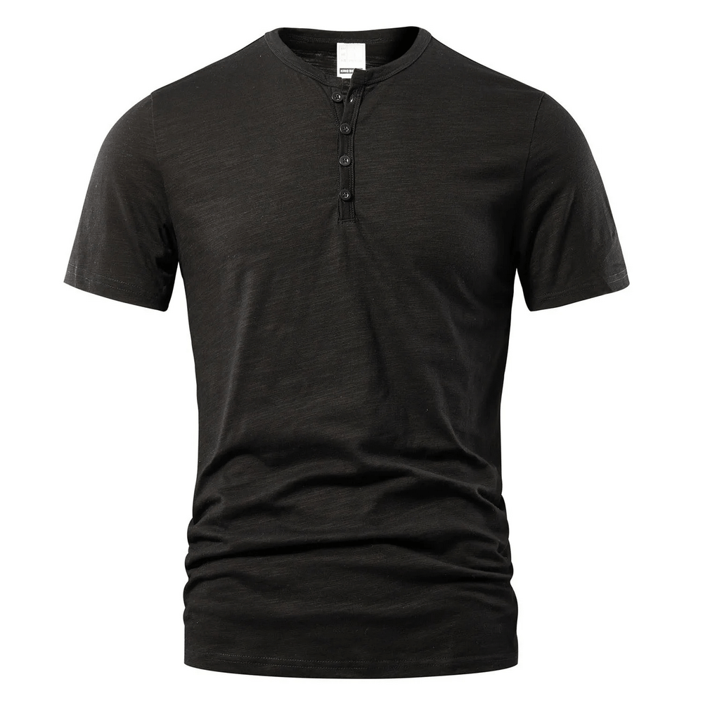 Alt Tag: Short-Sleeve Henley T-Shirt with Button Placket - SF4364 black slub-texture men’s tee, 4-button placket, curved hem