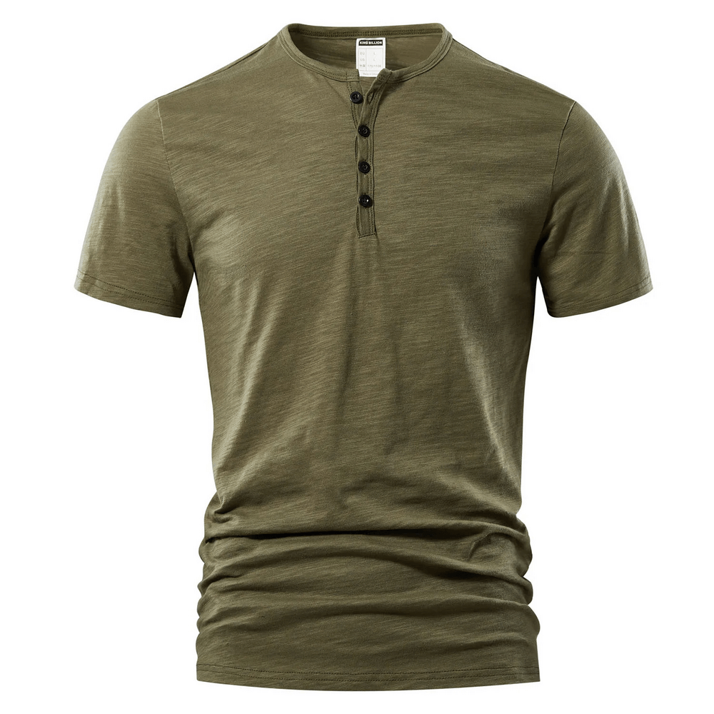 Alt Tag: Short-Sleeve Henley T-Shirt with Button Placket - SF4364 olive green men’s slub Henley tee with four-button neckline