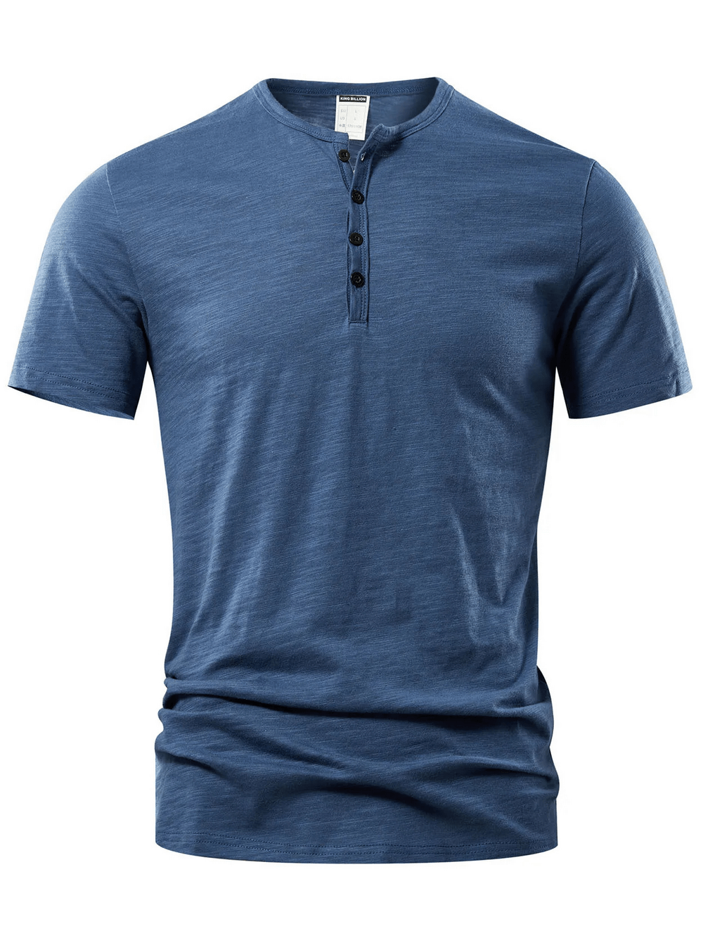 Alt Tag: Short-Sleeve Henley T-Shirt with Button Placket - SF4364 men's blue slub texture tee, four-button neckline, curved hem, regular fit