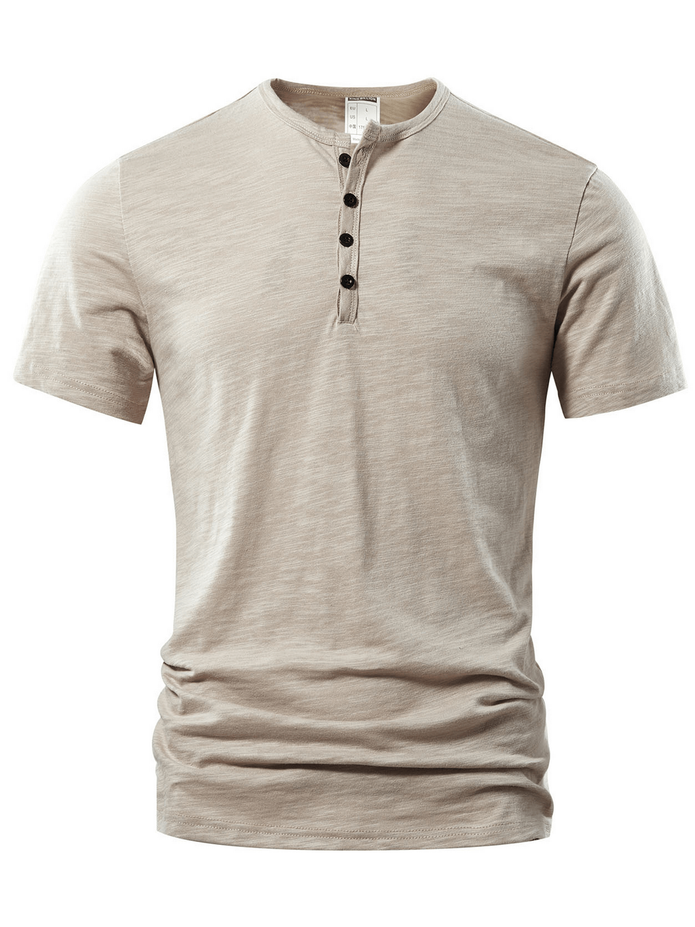 Alt Tag: Short-Sleeve Henley T-Shirt with Button Placket - SF4364 beige slub texture men’s button neck tee with four-button placket