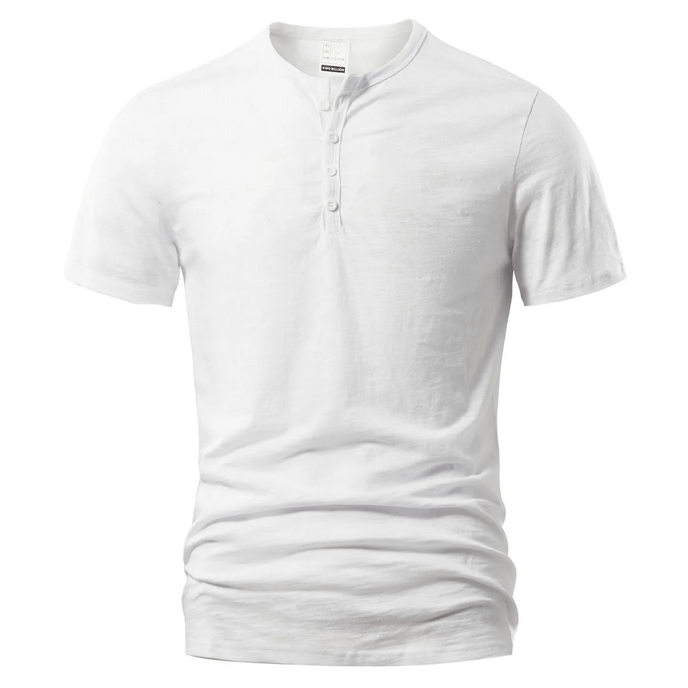 Alt Tag: Short-Sleeve Henley T-Shirt with Button Placket - SF4364 white men’s short-sleeve Henley tee with four-button placket