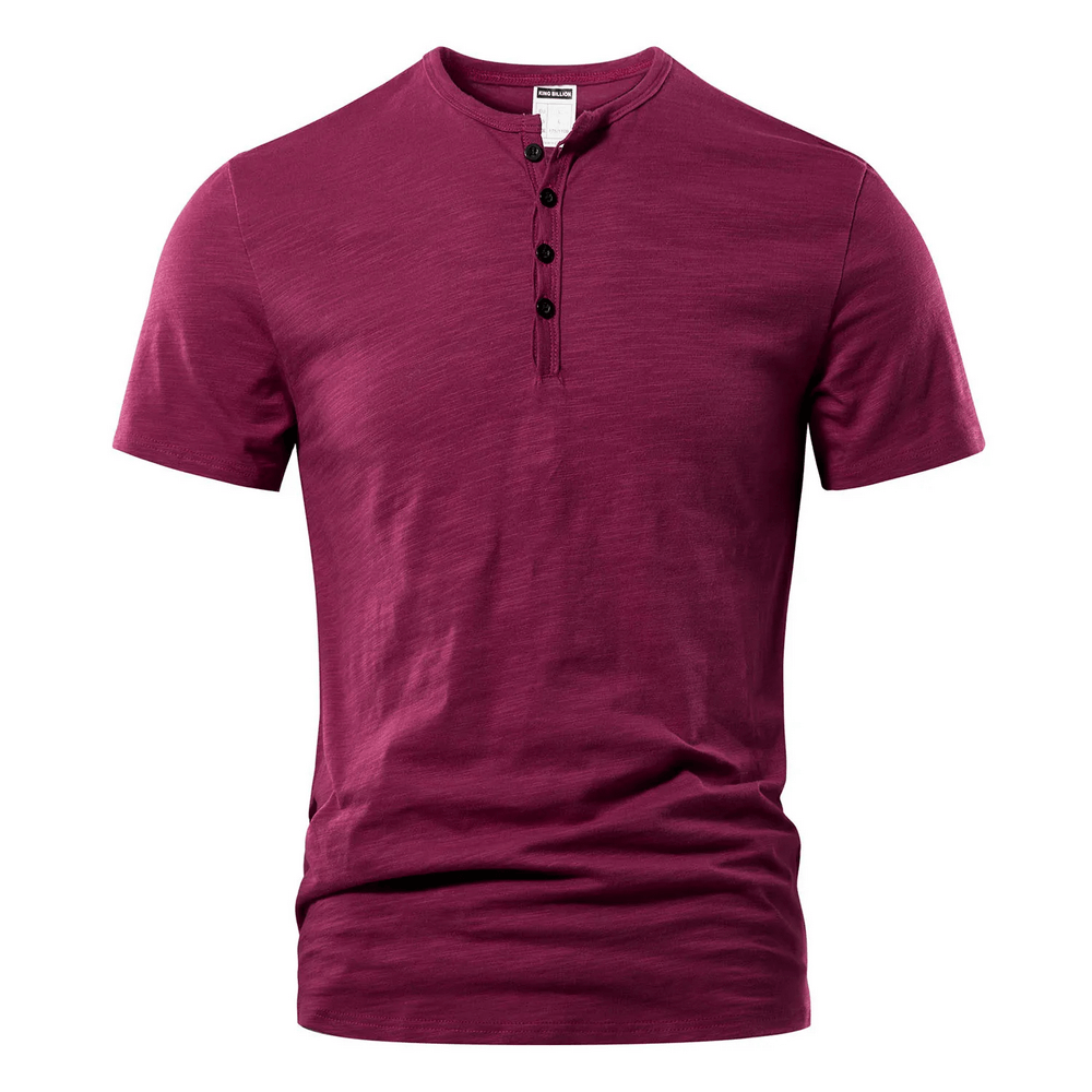 Alt Tag: Short-Sleeve Henley T-Shirt with Button Placket - SF4364 burgundy men's slub tee, 4-button placket, curved hem