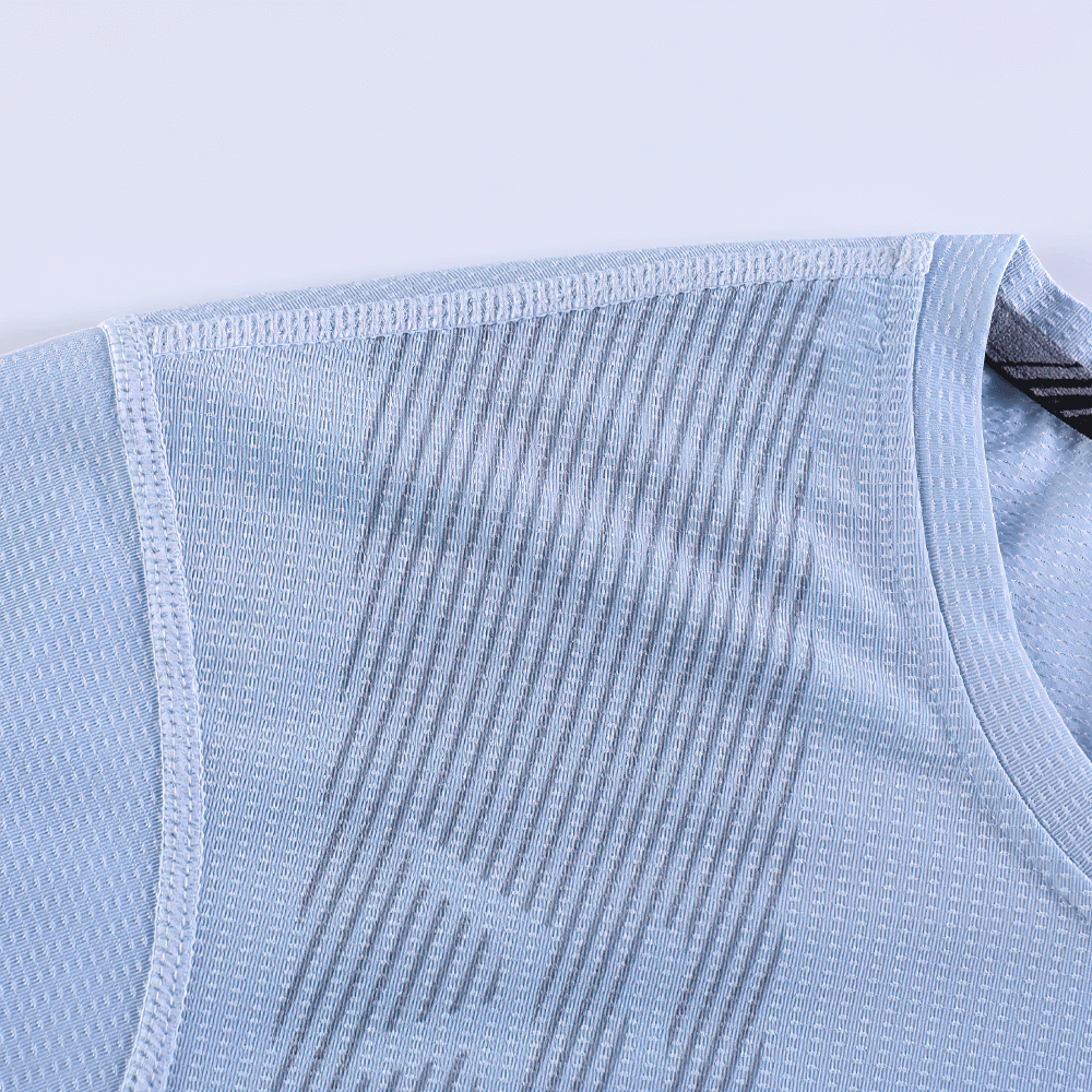 Alt Tag: Short Sleeves Mesh Breathable Training T-Shirt - SF4375 close-up of breathable light blue mesh fabric for quick-dry workouts
