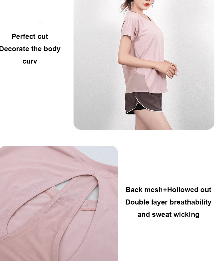 Women's pink mesh yoga t-shirt with loose fit and stylish back design for breathability and comfort, perfect for active wear.