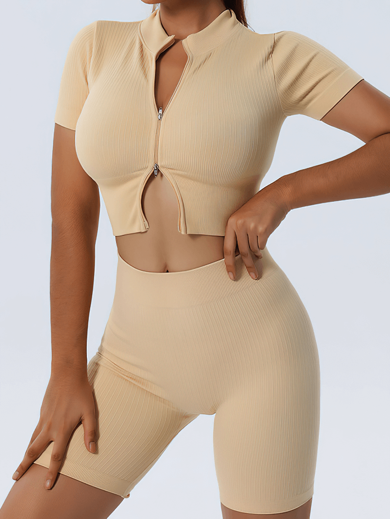 Short Sleeves Zipper Seamless Sports Top / Female Elastic Yoga Clothes - SF1459