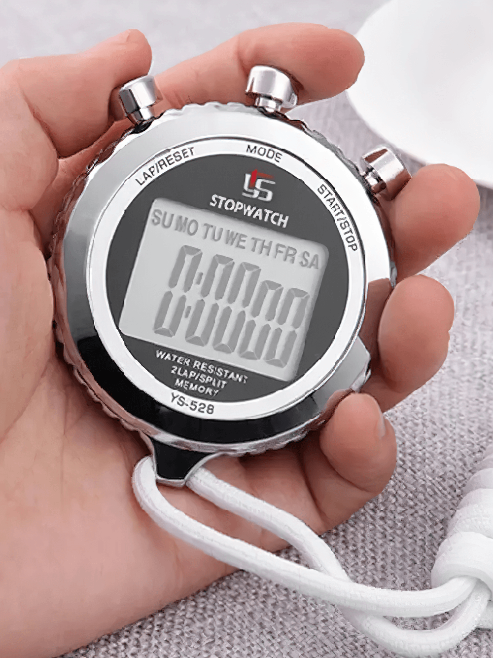 Hand holding Silent Stopwatch with Countdown Timer - SF3465, featuring large display for precision timing, ideal for sports and events.