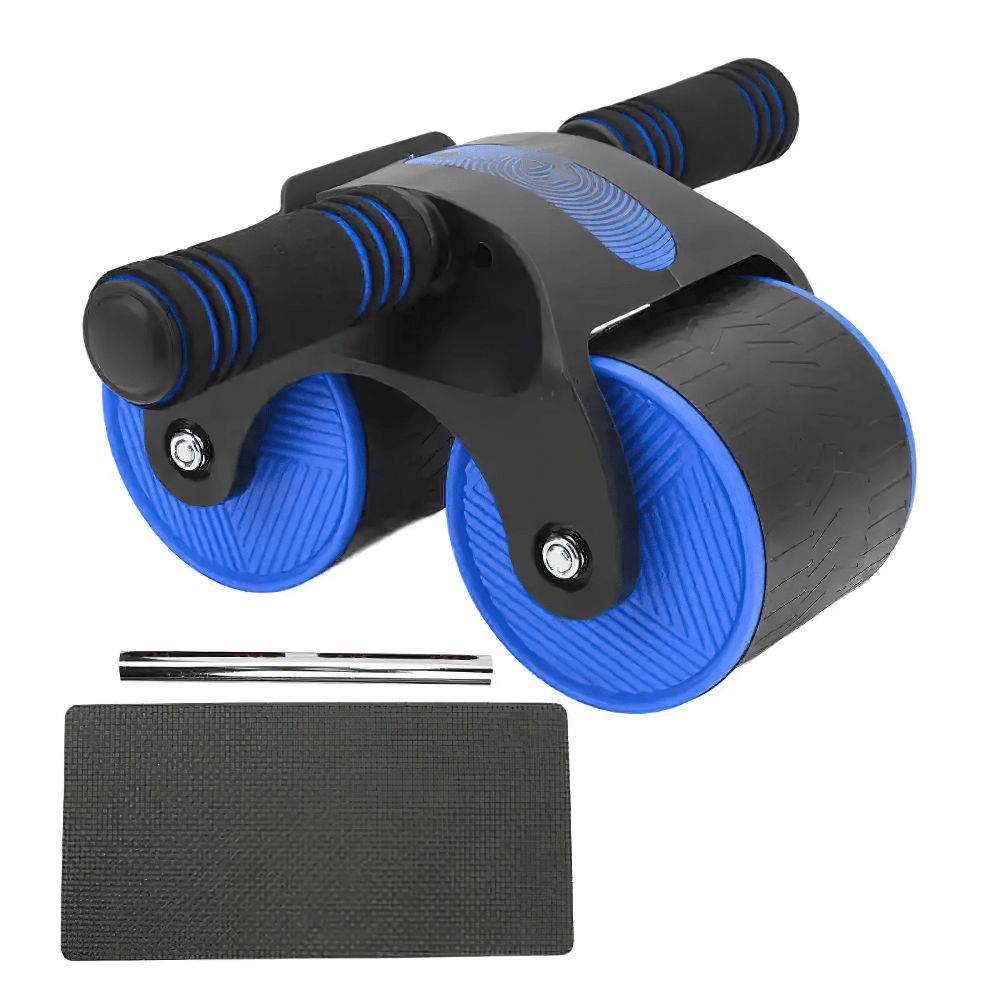 Silent triangular belly exercise wheel with ergonomic handles, blue wheels, and mat for effective home abdominal workouts, model SF3264.