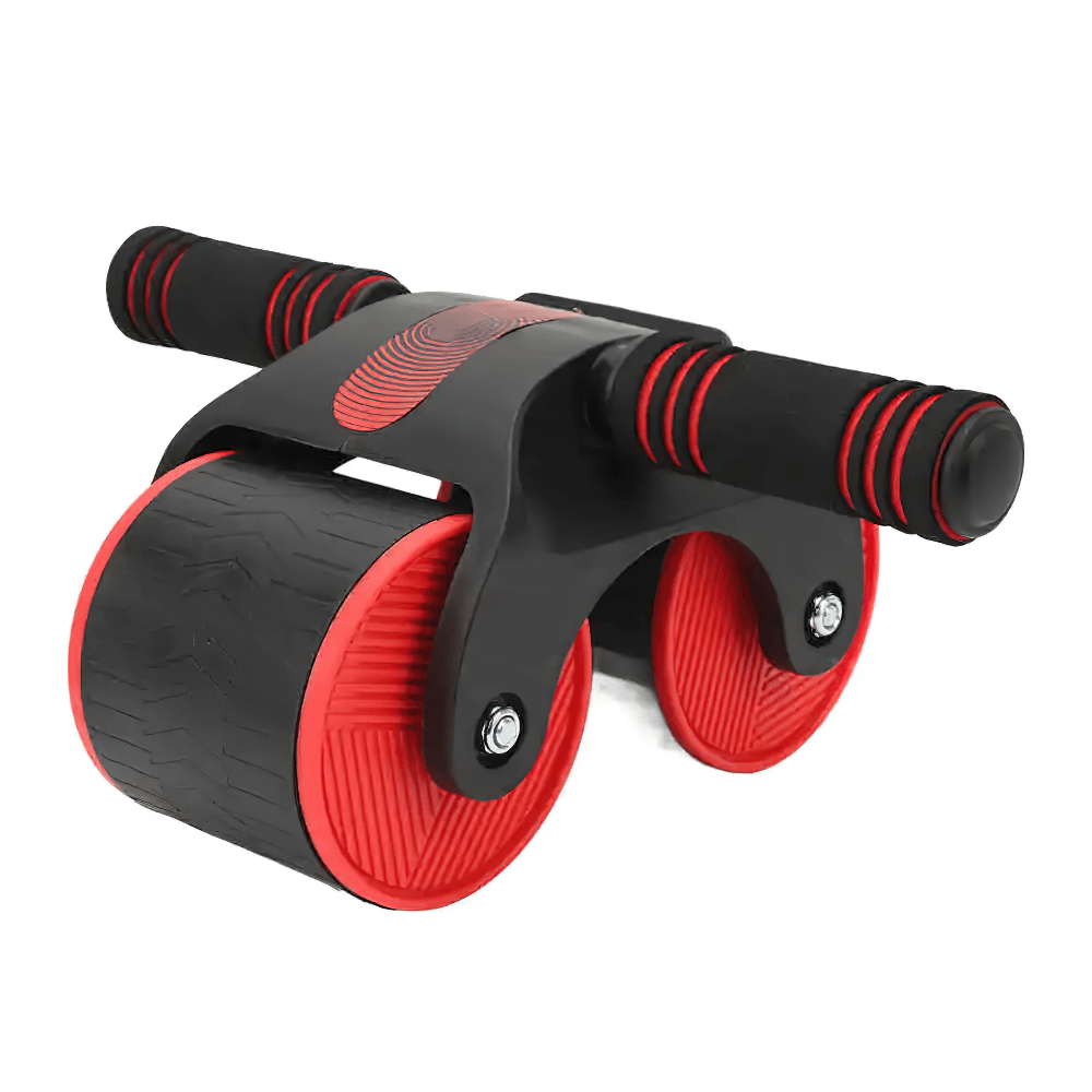Silent Triangular Belly Exercise Wheel for Home Gym, black and red with ergonomic handles and triangular bracing for stability.