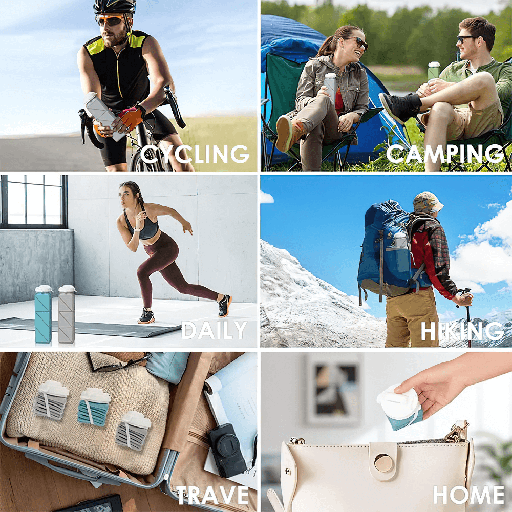 Cyclist, campers, hiker, and gym-goer using Silicone Collapsible Water Bottle for Travel - SF3483 in various settings.