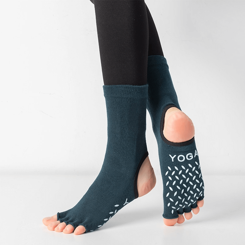 Silicone Non-Slip Toeless Pilates Yoga Socks with grip, five fingers, enhancing balance and safety during yoga and fitness exercises.