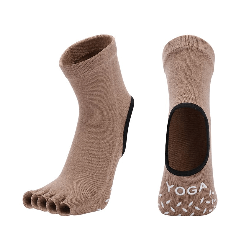 Brown silicone non-slip toeless pilates socks with five fingers, offering enhanced grip for yoga and fitness. Style SF1398.