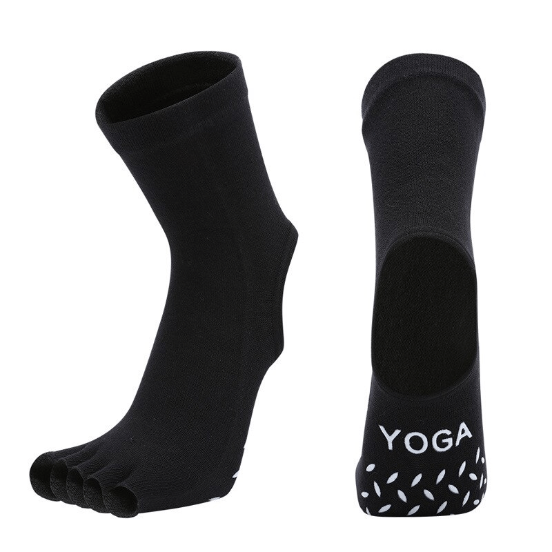 Black silicone non-slip toeless Pilates socks with five-finger design, perfect for yoga and fitness. Model SF1398.