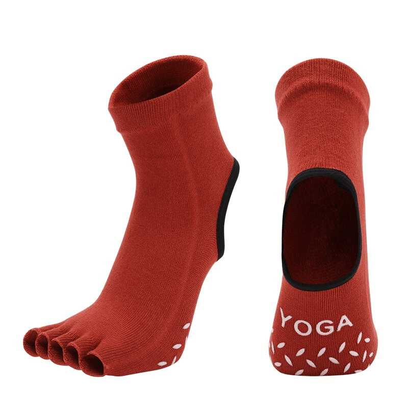 Red silicone non-slip toeless Pilates socks with five finger design for yoga, ballet, and dance SF1398.