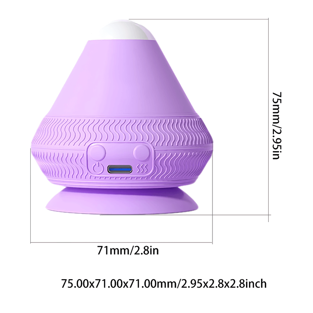 Purple silicone vibrating massage ball with dimensions for muscle relief and relaxation.