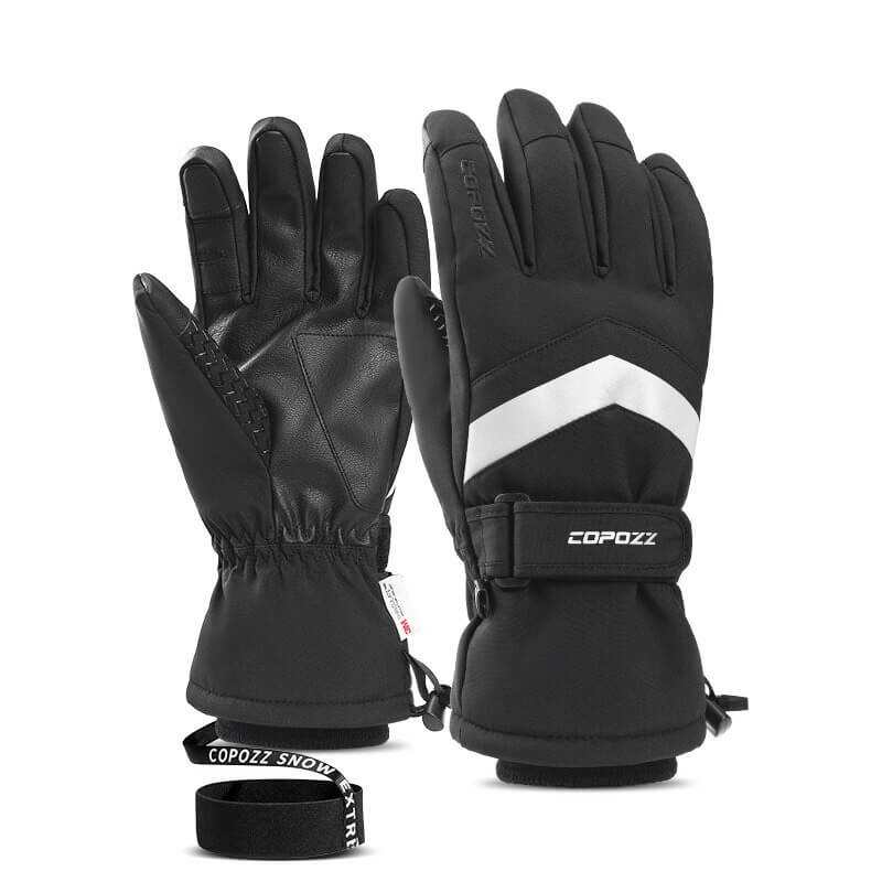 Black ski gloves with holder wristbands, anti-slip design, suitable for men and women, ideal for skiing, skating, and motorcycling.