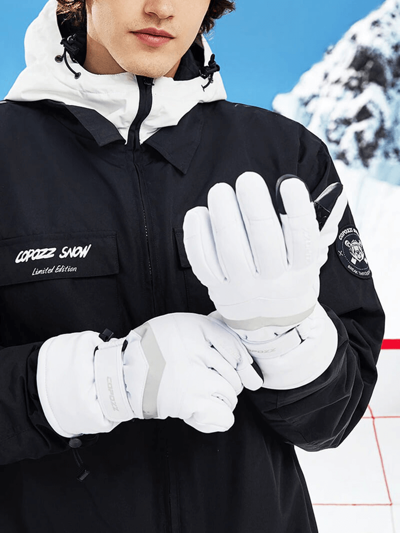 Unisex ski gloves with holder wristbands in white, featuring anti-slip rubber design. Perfect for skiing, skating, and more.