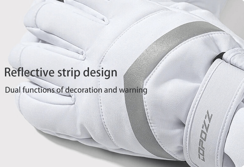 White ski gloves with reflective strip design, featuring decorative and warning functions, perfect for skiing and winter sports.