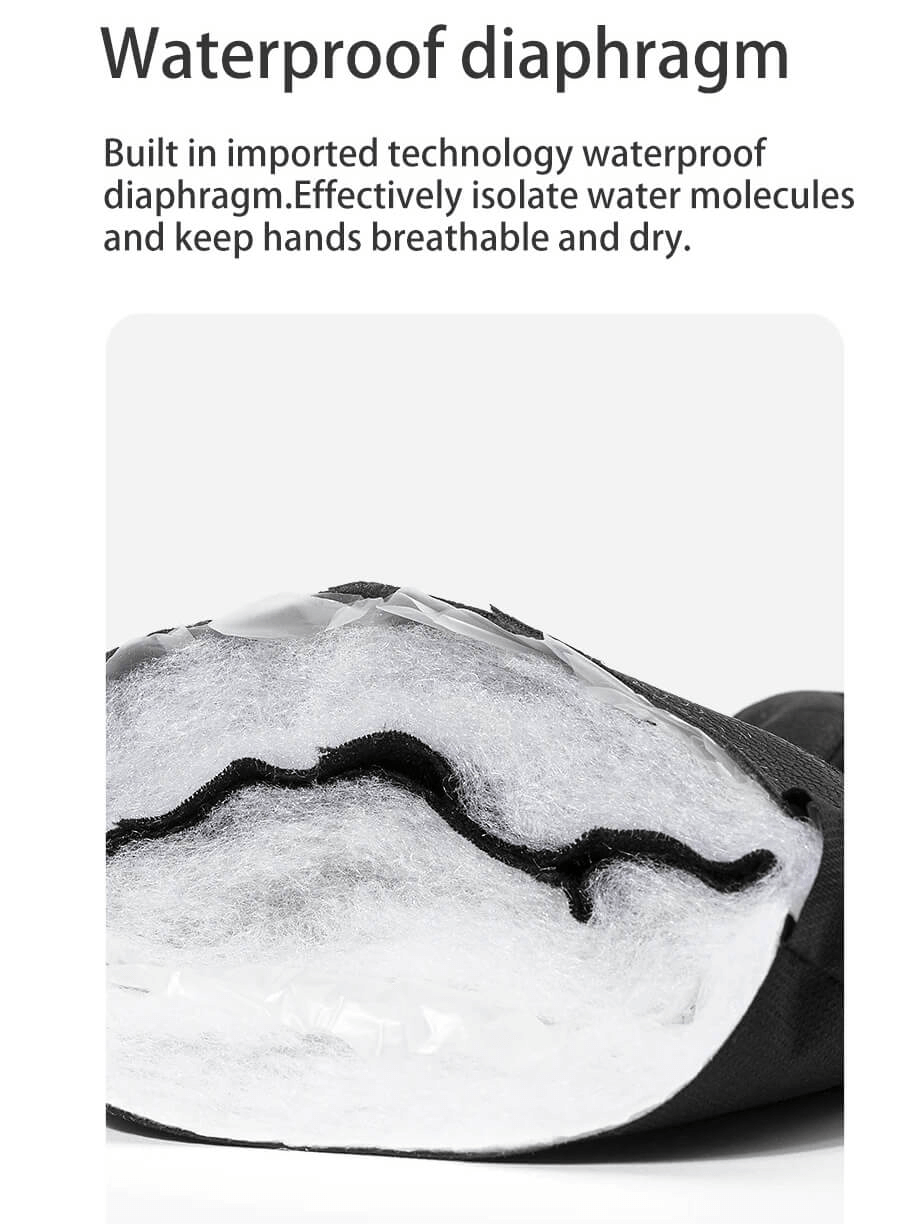Close-up of ski glove's waterproof diaphragm showcasing high-tech moisture isolation for dry, breathable hands in winter sports.