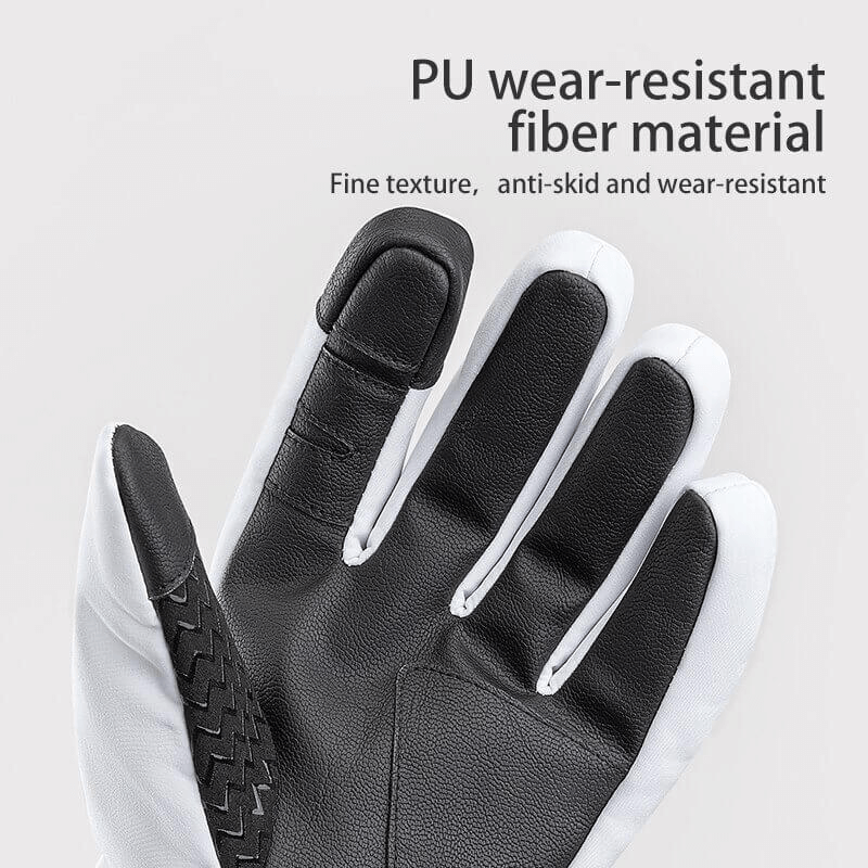 Unisex ski gloves with PU leather anti-slip design and holder wristbands in black and white, ideal for skiing and motorcycling.