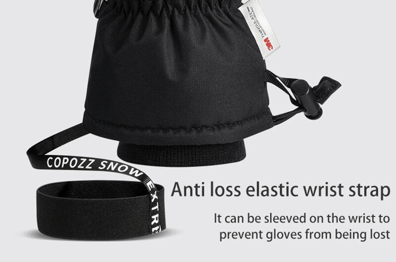 Close-up of ski glove with anti-loss elastic wrist strap detailing, perfect for skiing, skating, and outdoor activities.