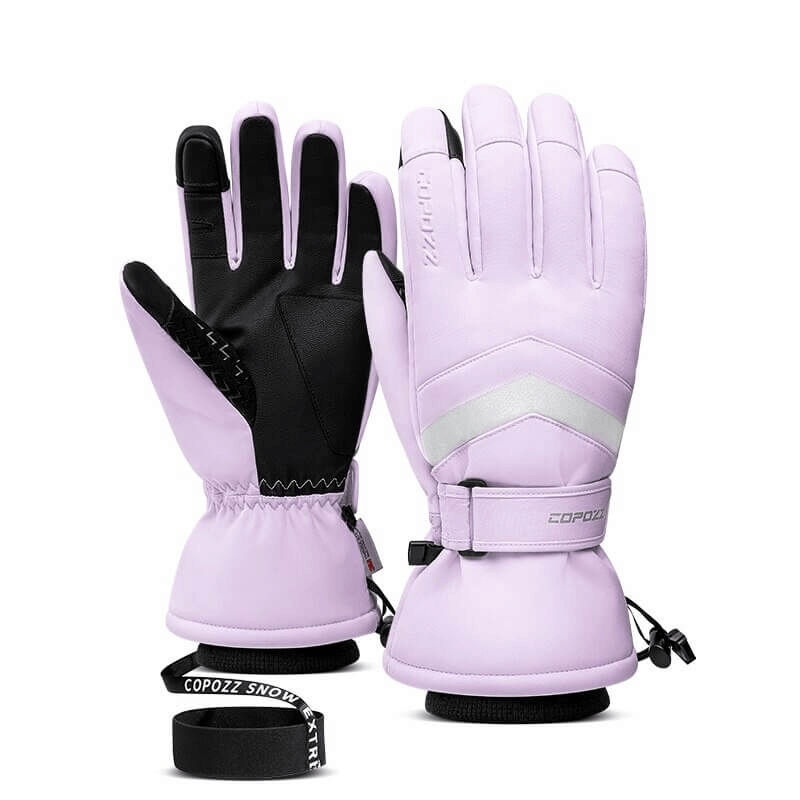 Unisex lilac ski gloves with anti-slip rubber thumb and holder wristbands, designed for skiing, skating, and more outdoor activities.