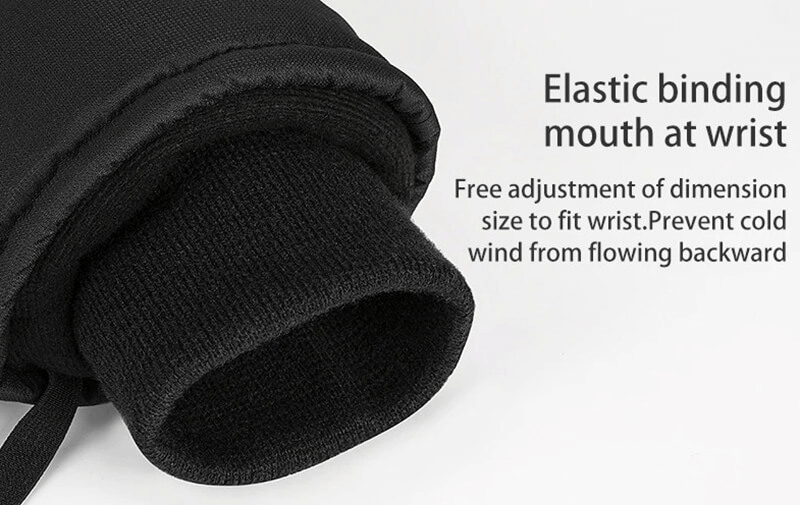 Close-up of black ski gloves with elastic wristband, showcasing adjustable fit to block cold wind. Ideal for skiing and outdoor activities.