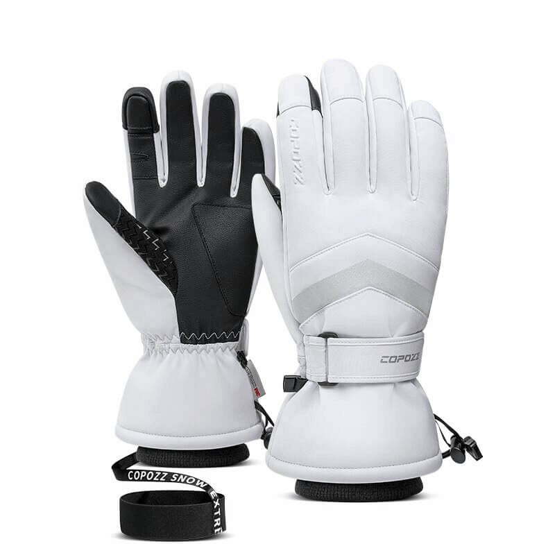 White ski gloves with holder wristbands for men and women, featuring anti-slip thumb design, ideal for skiing, skating, and riding.