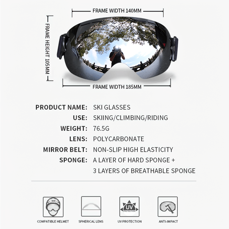 Ski goggles with mirror lens SF2208 featuring anti-fog, UV protection, spherical lens, lightweight design, and non-slip strap.