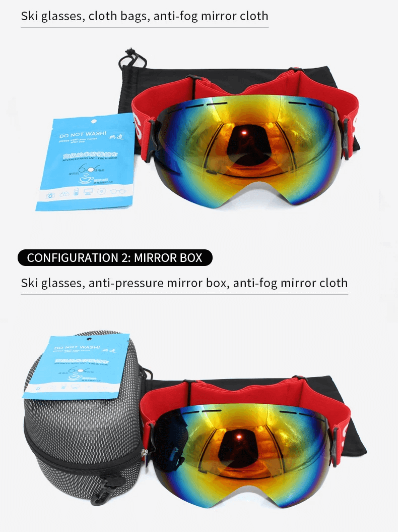 Stylish red ski goggles with reflective lens, anti-fog cloth, and mirror box packaging for clear vision on snowy slopes.