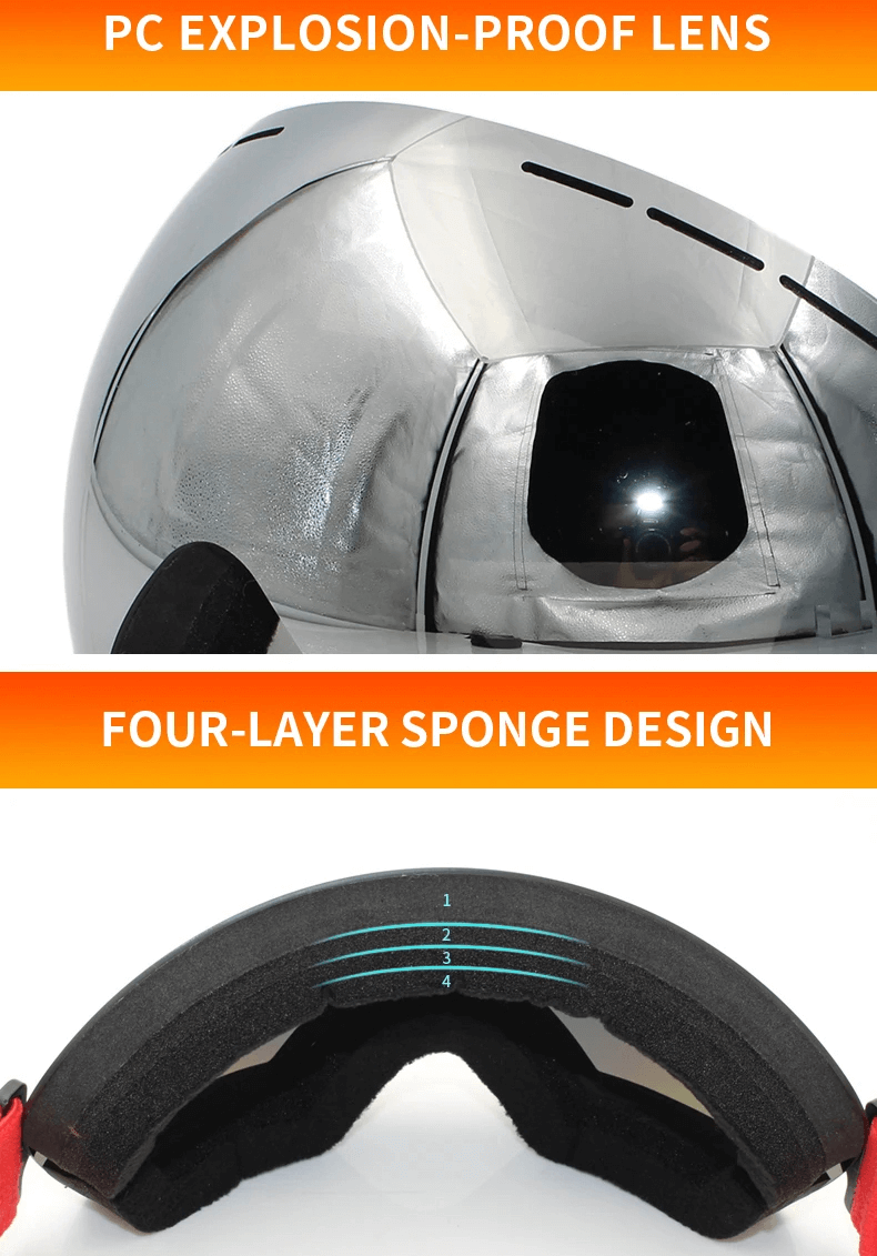 Close-up of ski goggles with explosion-proof mirror lens and four-layer sponge for comfort.