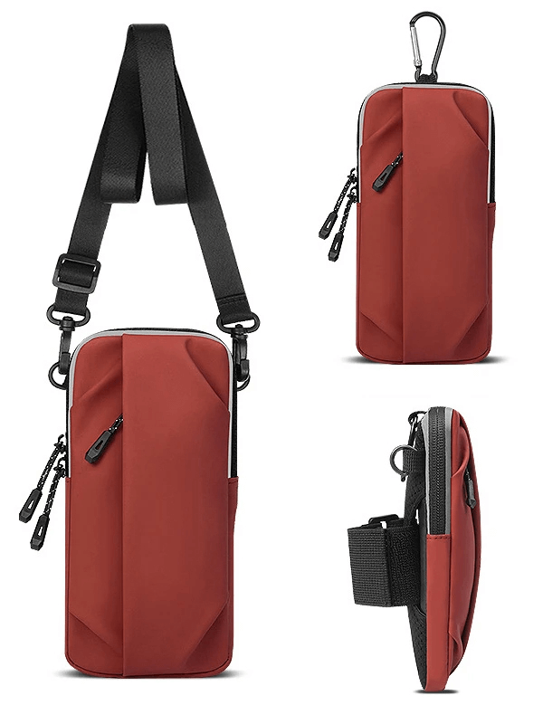 Stylish red multifunctional shoulder pouch with modern design for urban use, featuring adjustable strap and multiple zippered compartments.