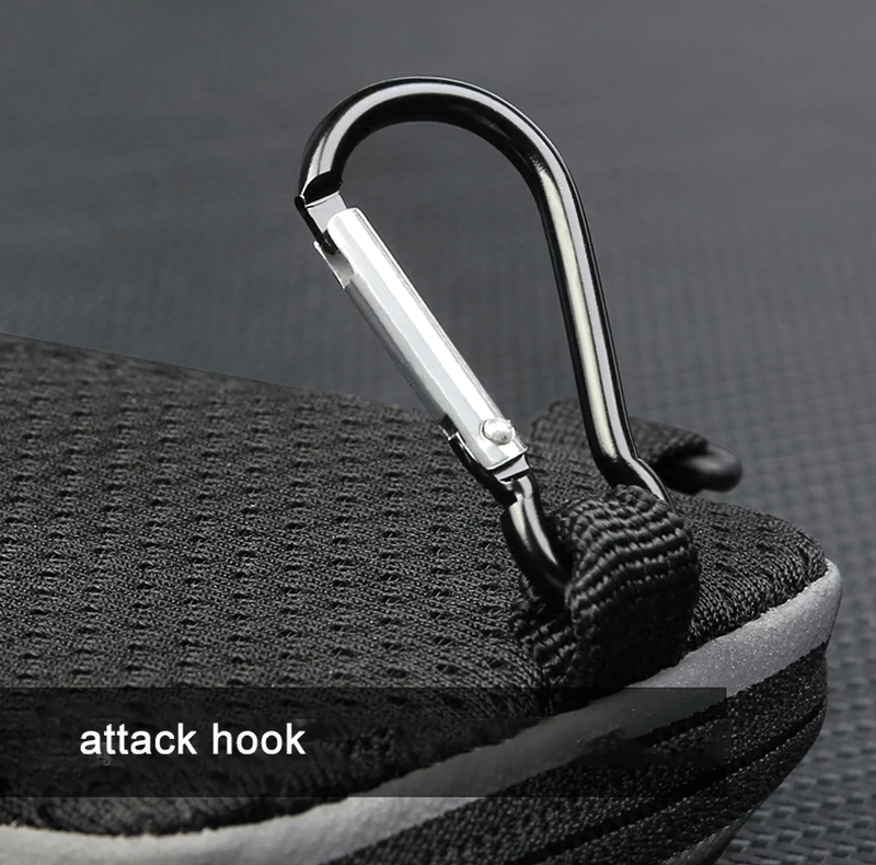 Close-up of sleek black multifunctional bag's durable attack hook for secure attachment.