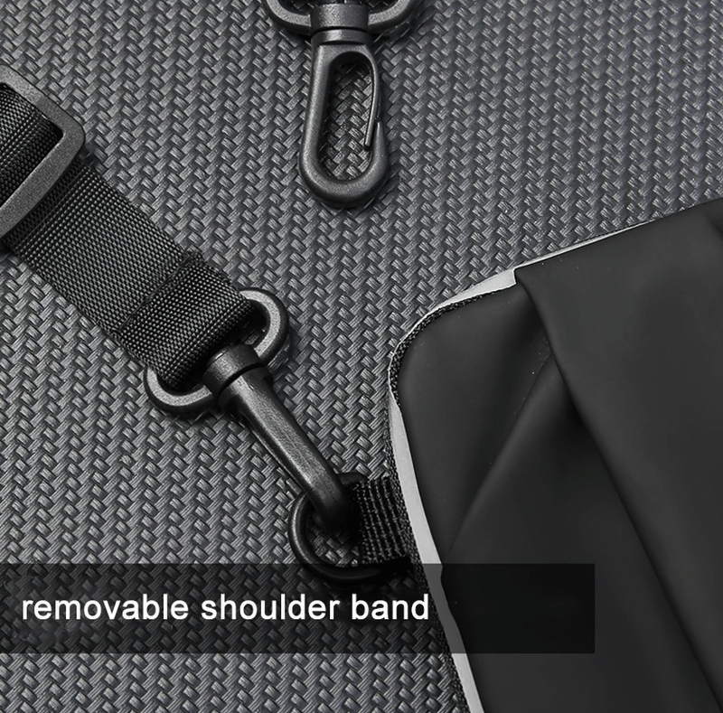 Sleek black bag with removable shoulder strap, perfect for modern urban use and running essentials.