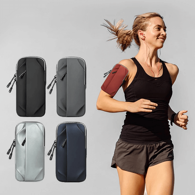 Woman running with sleek black multifunctional bags for modern urban use, showcasing style and functionality in everyday accessories.