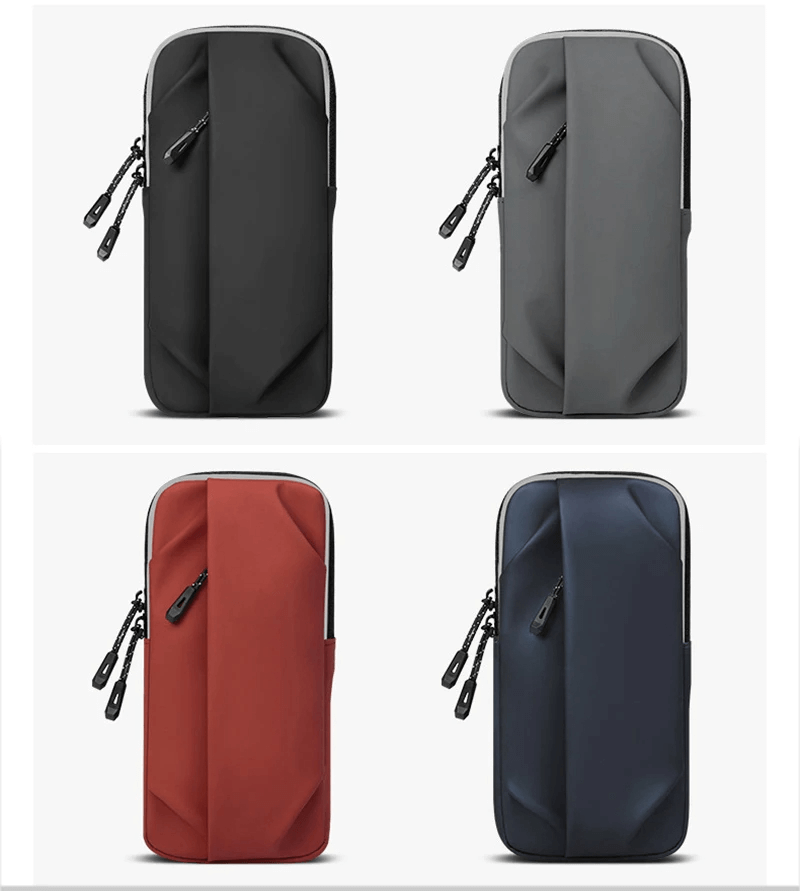 Four sleek multifunctional pouches in black, gray, red, and blue, perfect for modern urban style and running essentials.
