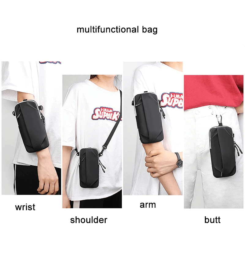 Sleek black multifunctional bag worn on wrist, shoulder, arm, and hip, showcasing versatility and modern urban style.