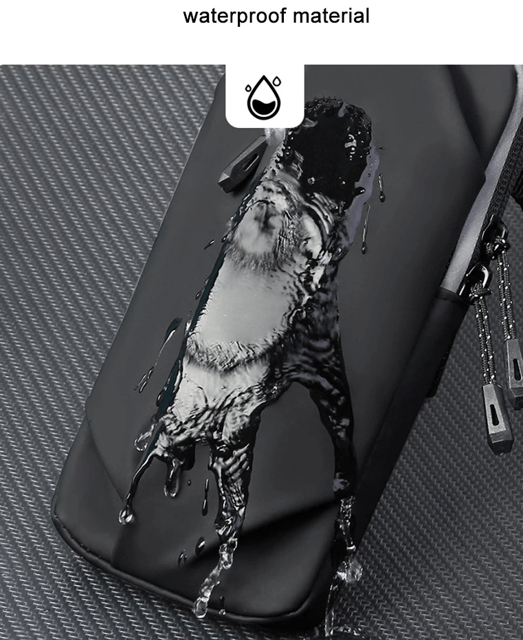 Waterproof sleek black multifunctional bag with water-repellent surface, showcasing modern urban style and durability.