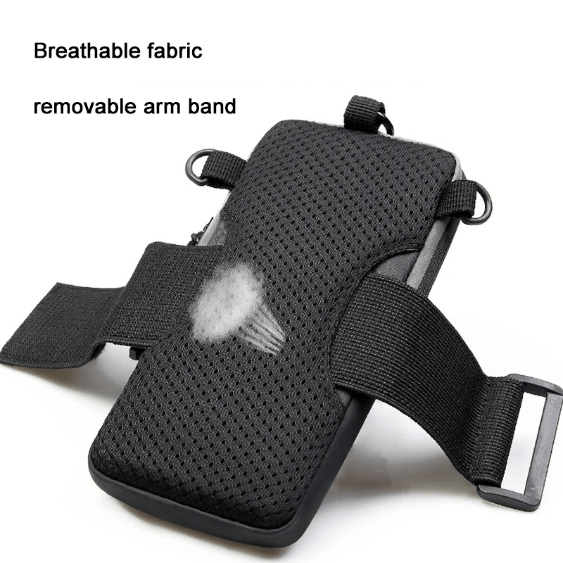 Breathable black shoulder pouch with removable arm band, perfect for running and everyday urban use.