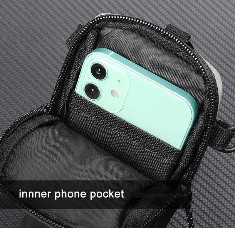 Inner phone pocket of the sleek black multifunctional bag SF2058 showcasing secure storage for a smartphone. Urban-style convenience.