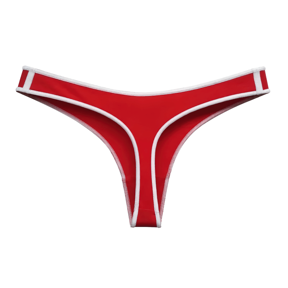 Alt Tag: Women's sleek red thong with white contrast trim and elastic waistband, SF2517. Minimalist design for everyday comfort.