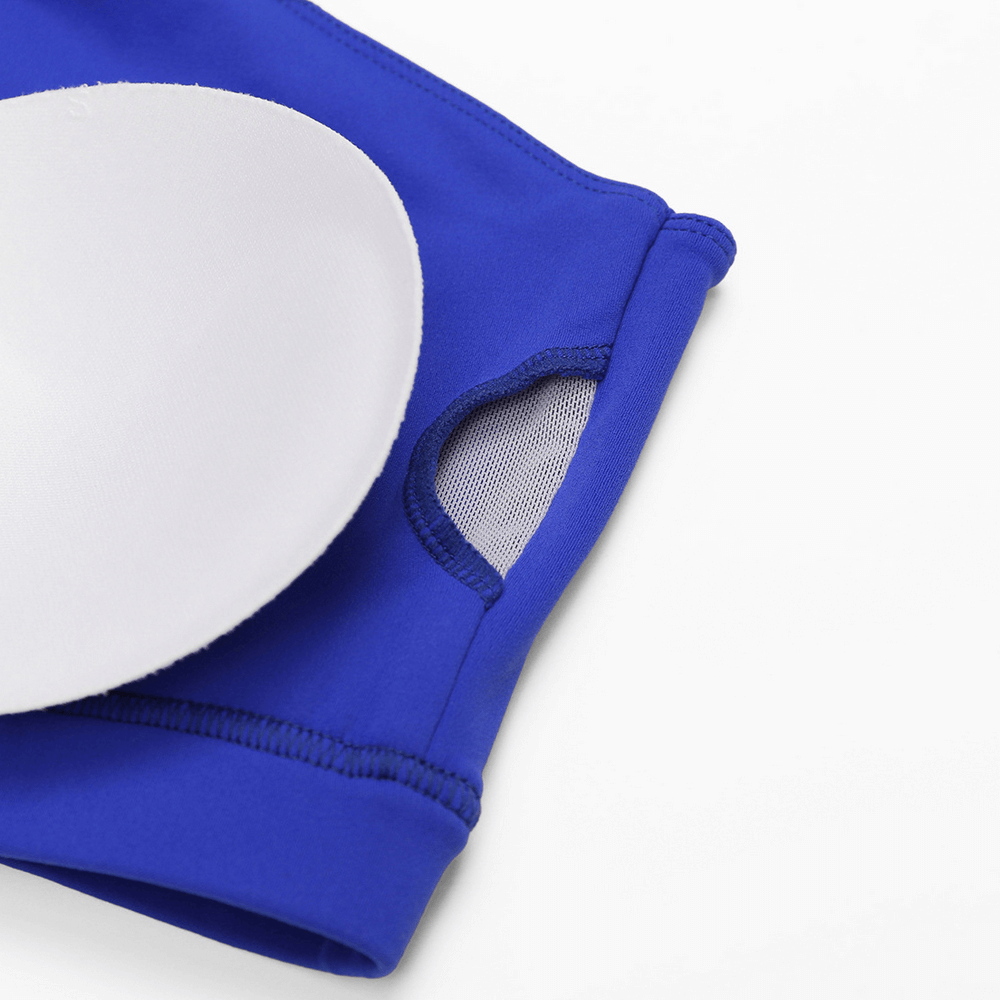 Close-up of blue one-shoulder sports bra with padding, made from breathable nylon-spandex, perfect for active wear and fitness.