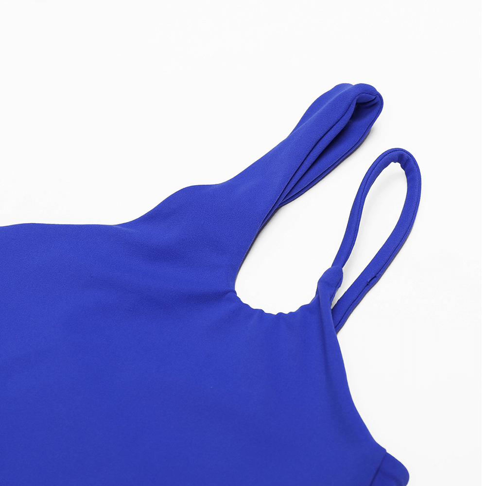 Close-up of sleek blue one-shoulder sports bra, nylon-spandex blend for fitness and style, perfect for active wear SF2460.