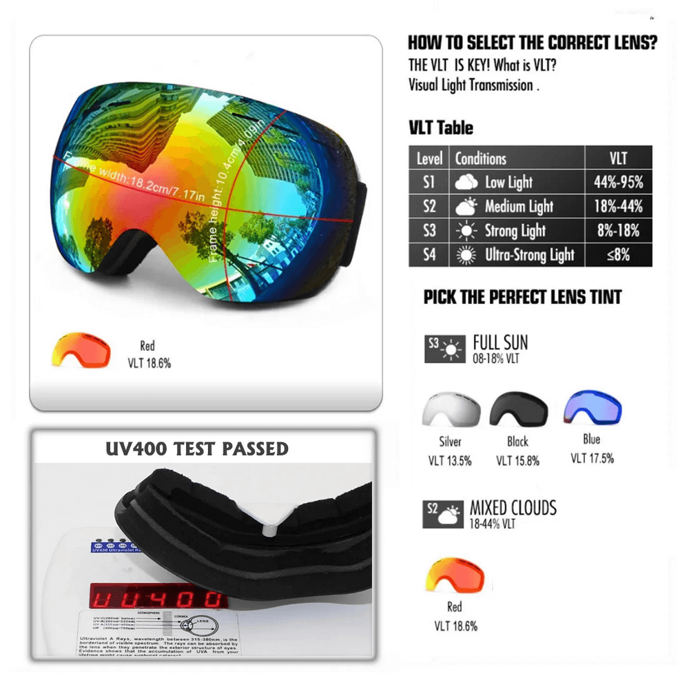 Sleek ski goggles with VLT options and UV400 protection, featuring colorful lenses for varying light conditions.