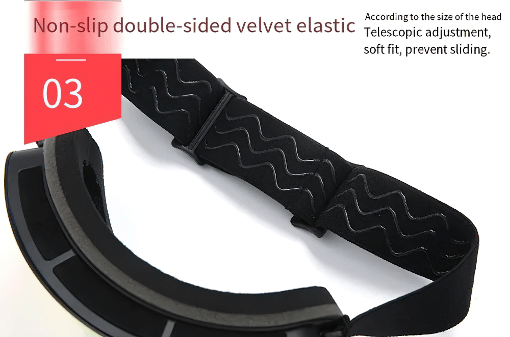 Non-slip adjustable ski goggles strap with velvet elastic, featuring telescopic fit for comfort and sliding prevention, image 03.