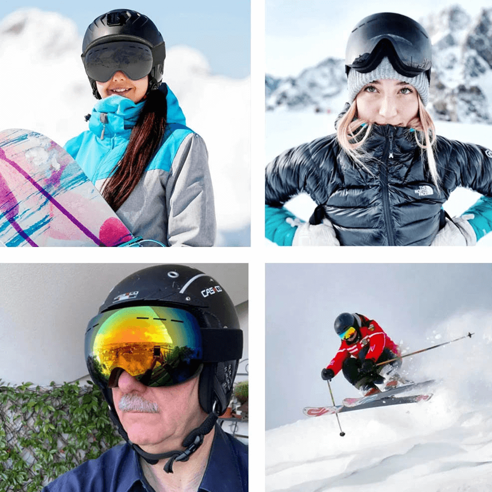 Collage of skiers and snowboarders wearing sleek ski goggles with anti-fog UV protection, enjoying clear vision in snowy mountains.