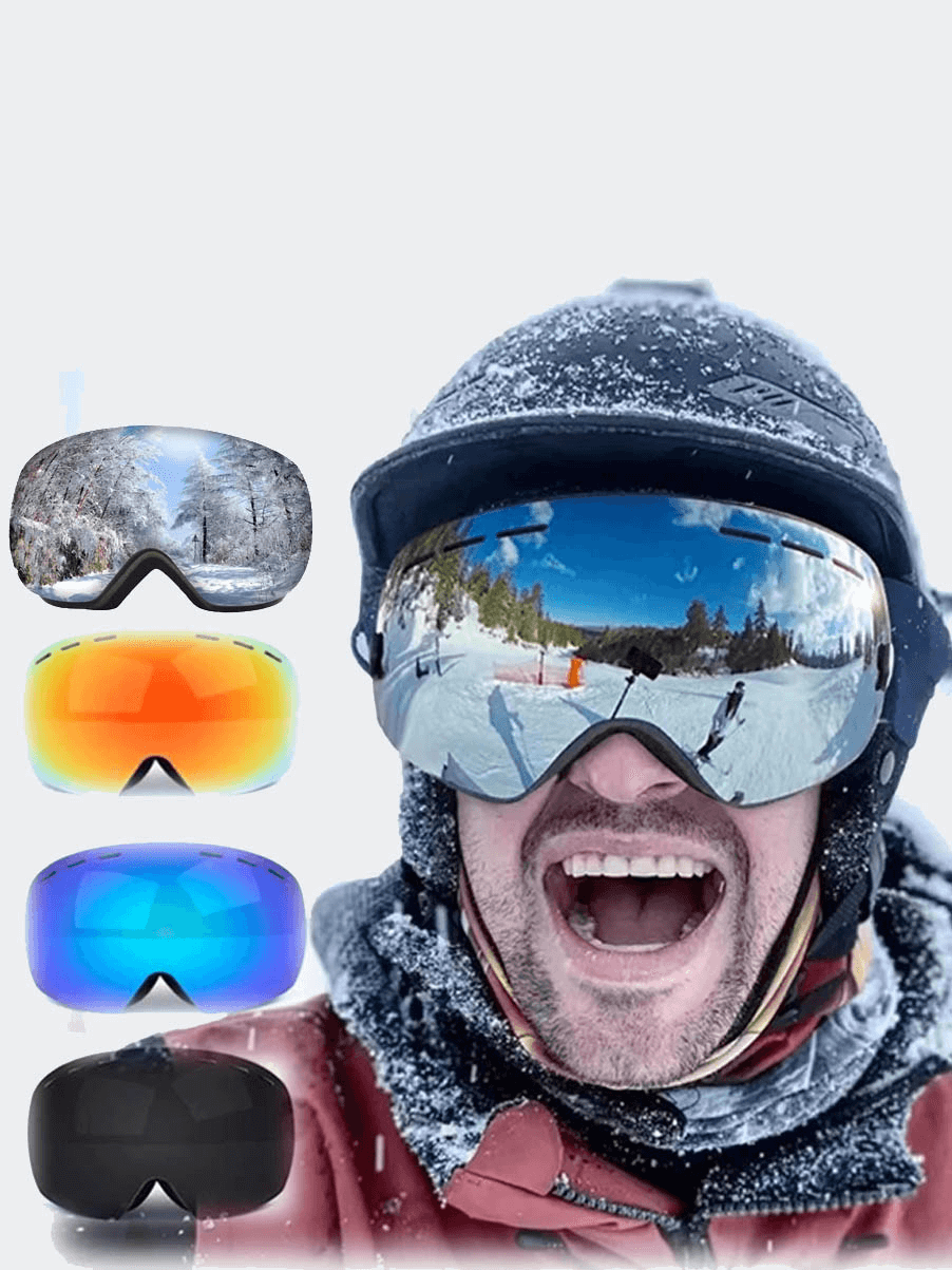 Smiling skier wearing Sleek Ski Goggles SF2224 with anti-fog and UV400 protection, showcasing multiple lens options on the slopes.